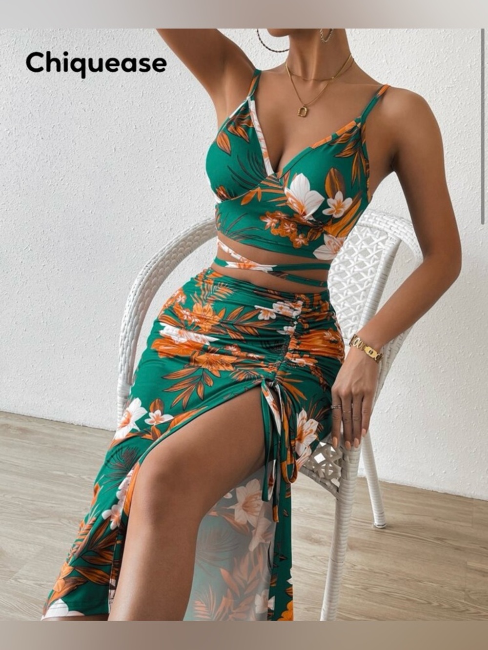 SHEIN Teal Tropical Floral Swim Coverup Set with Orange & White Flowers